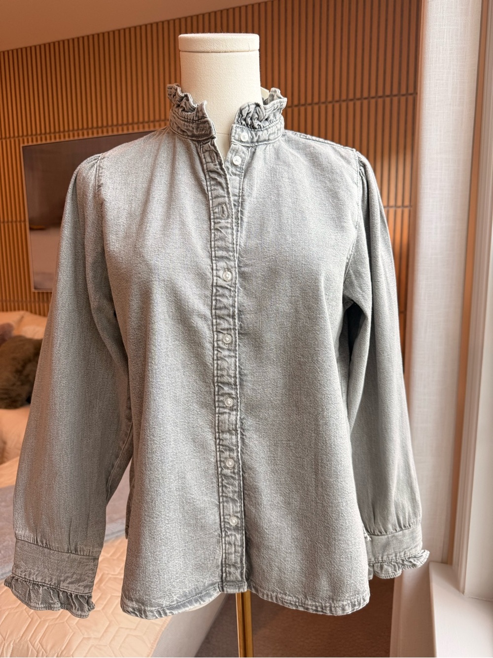 H+M Gray Denim Ruffled Collar Button-Up Blouse